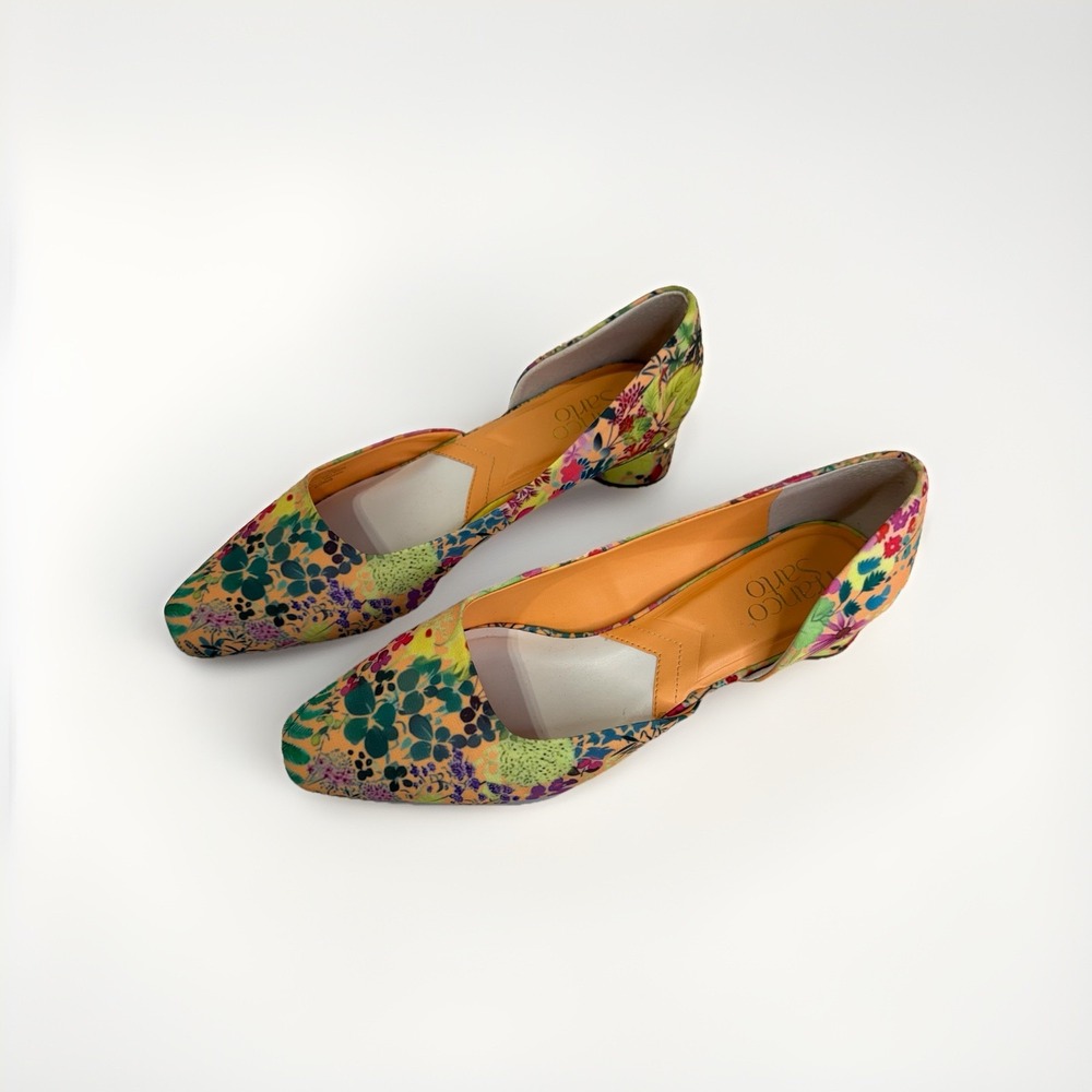 Franco Sarto Floral Multicolor Pointed Toe Low Block Heel Pumps